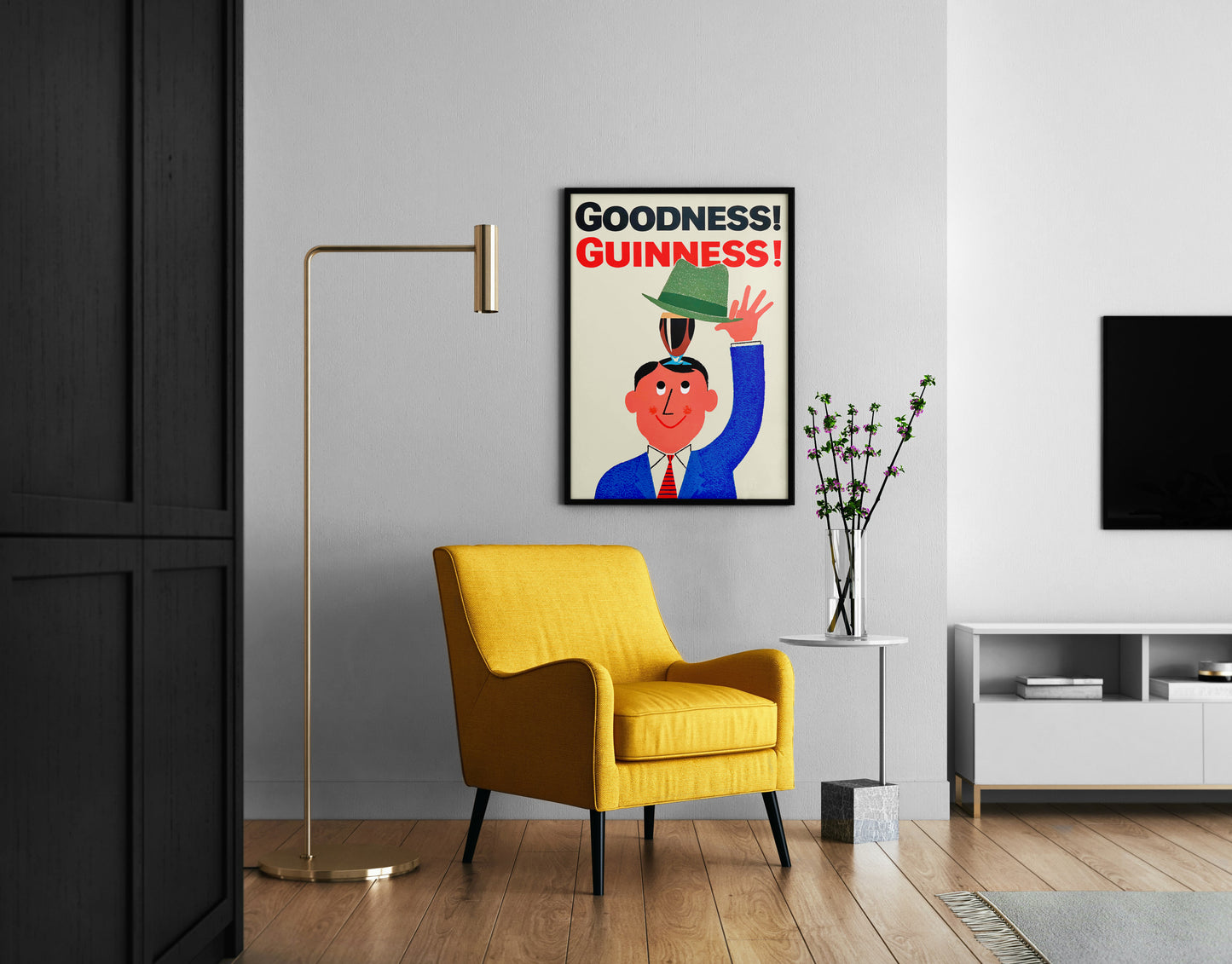 Guinness poster above sideboard, colorful vintage beer wall art