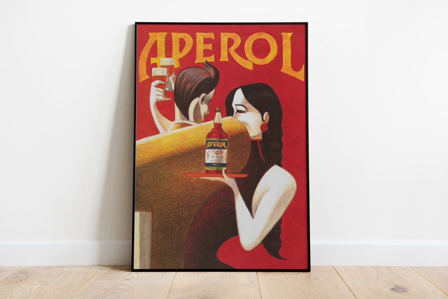 Vintage illustrated Italian advertising poster depicting a bar scene with two people and an aperitif bottle against a bold red background, styled for kitchen or dining room wall decor.