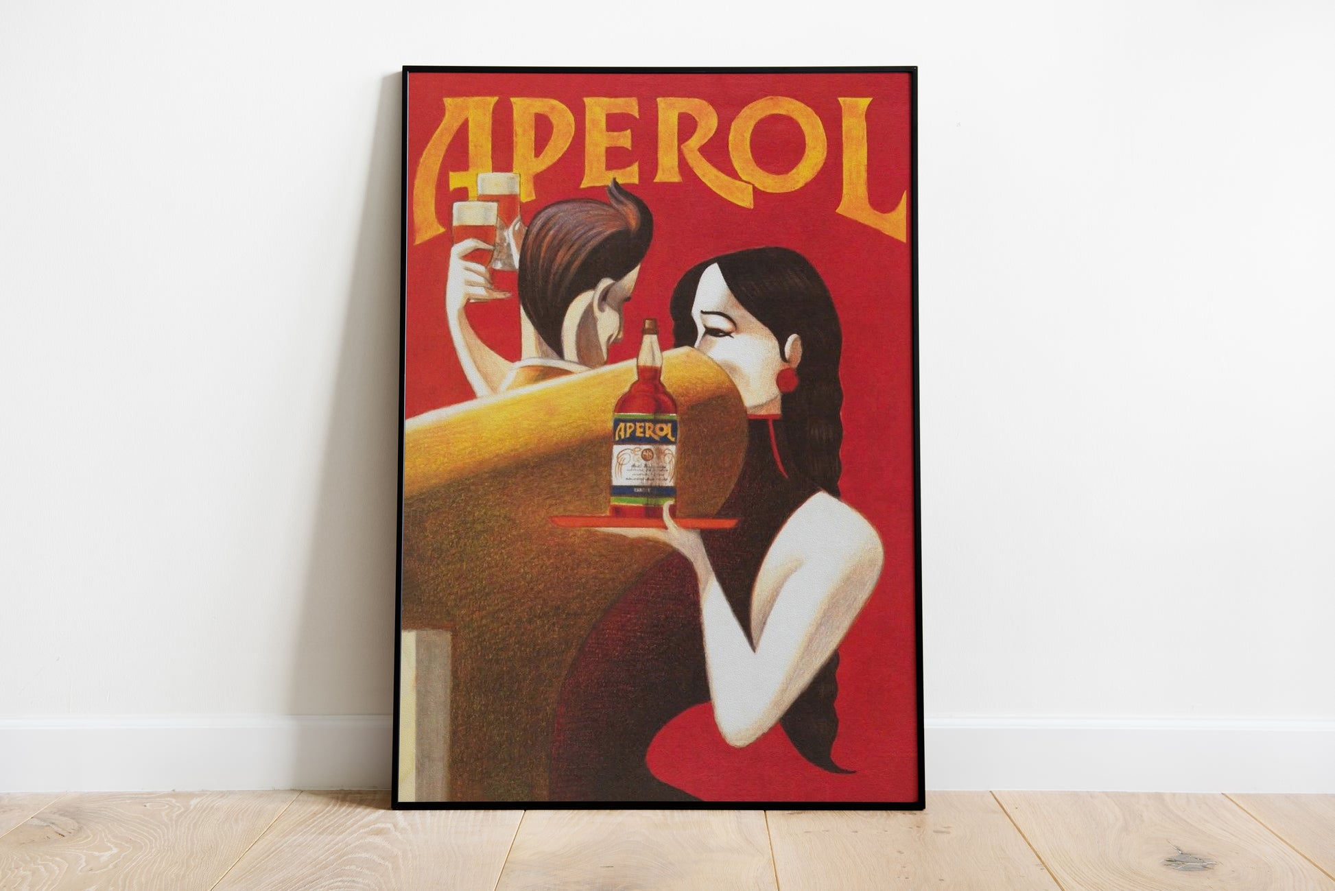 Vintage illustrated Italian advertising poster depicting a bar scene with two people and an aperitif bottle against a bold red background, styled for kitchen or dining room wall decor.