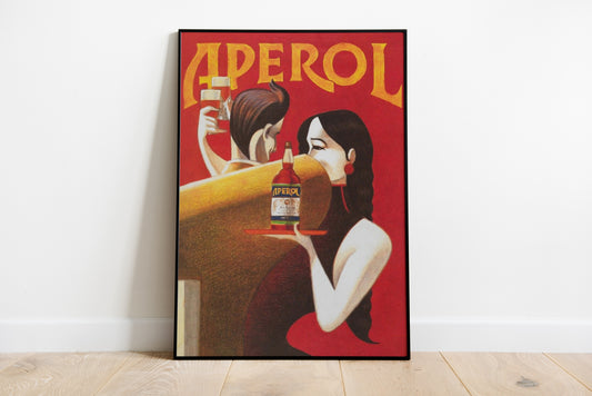 Vintage illustrated Italian advertising poster depicting a bar scene with two people and an aperitif bottle against a bold red background, styled for kitchen or dining room wall decor.