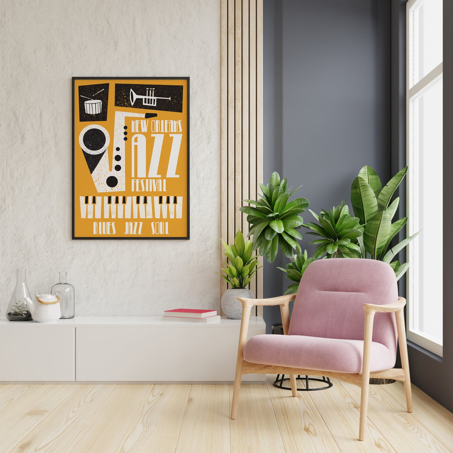 Vintage jazz poster with piano keyboard border and high-contrast instrument shapes