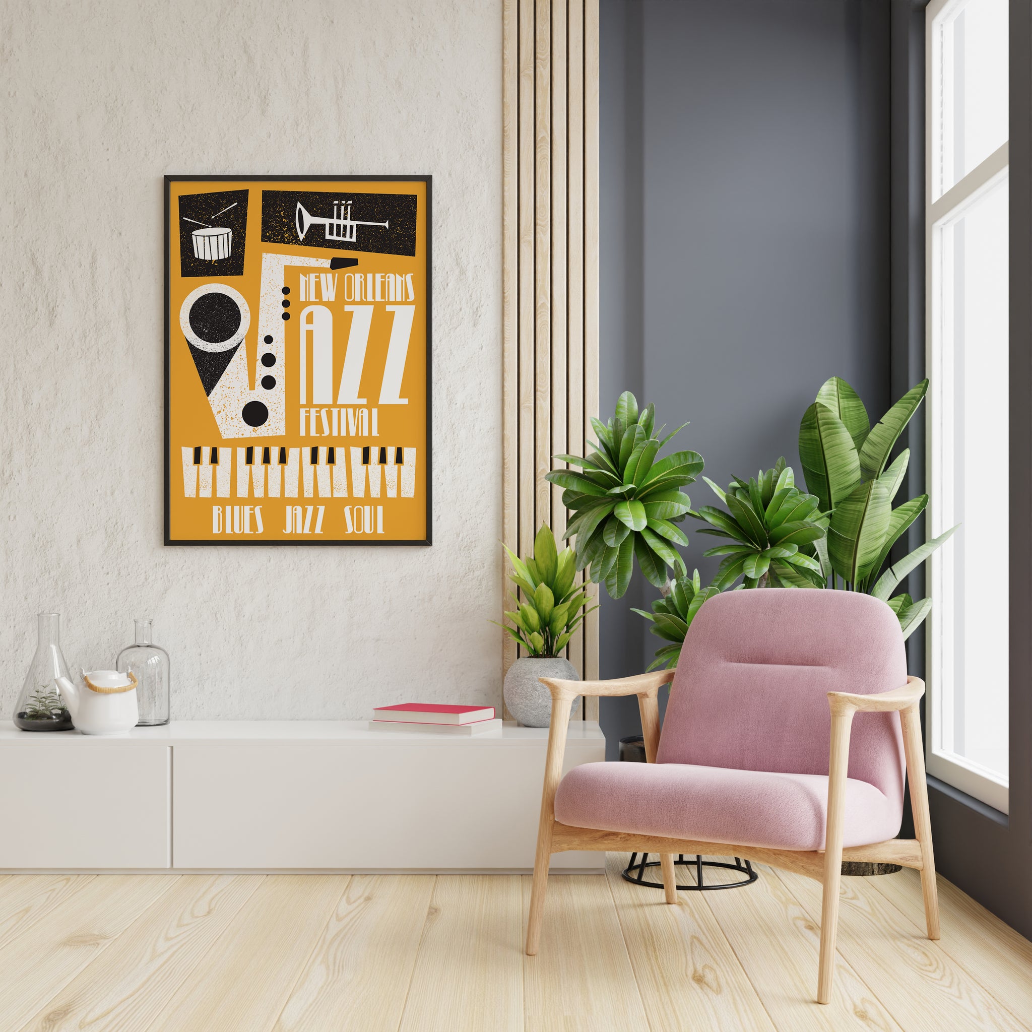 Vintage jazz poster with piano keyboard border and high-contrast instrument shapes