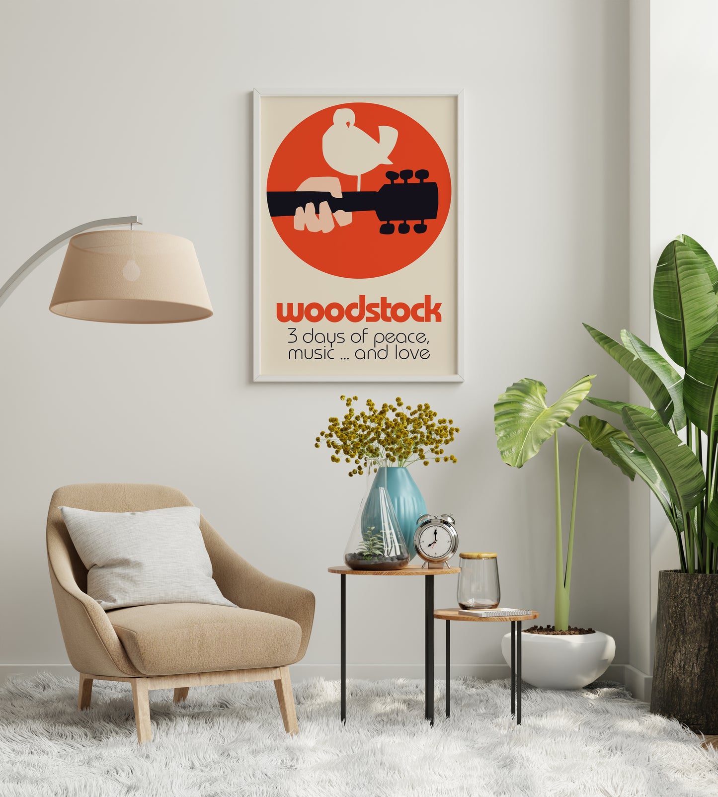 Vintage music poster inspired by Woodstock with graphic bird and guitar motif