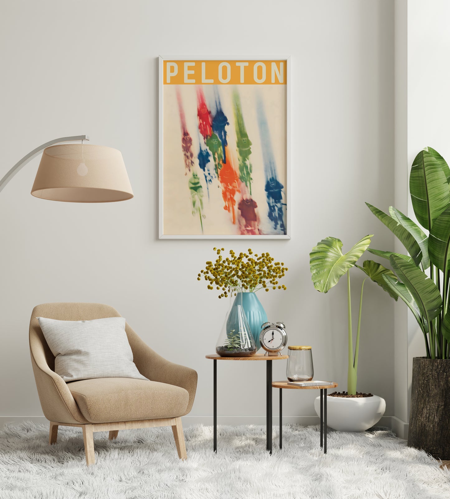 Peloton poster in bright living room, retro cycling wall art with bold orange title