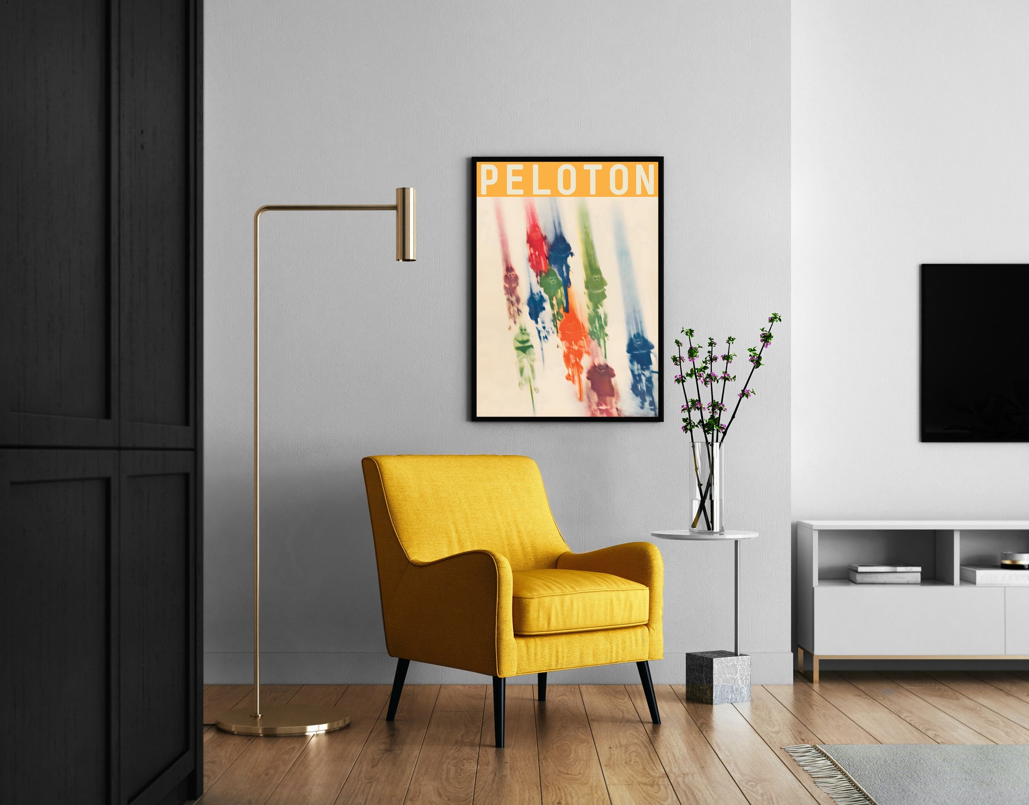 Peloton poster above sideboard, colorful cycling wall art for living room
