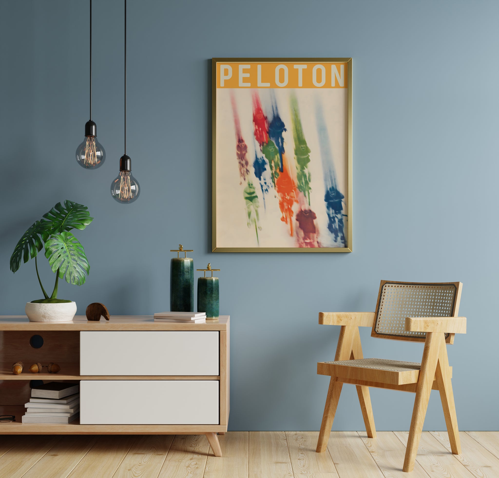 Peloton poster for workout room, blurred cyclists in colorful racing style