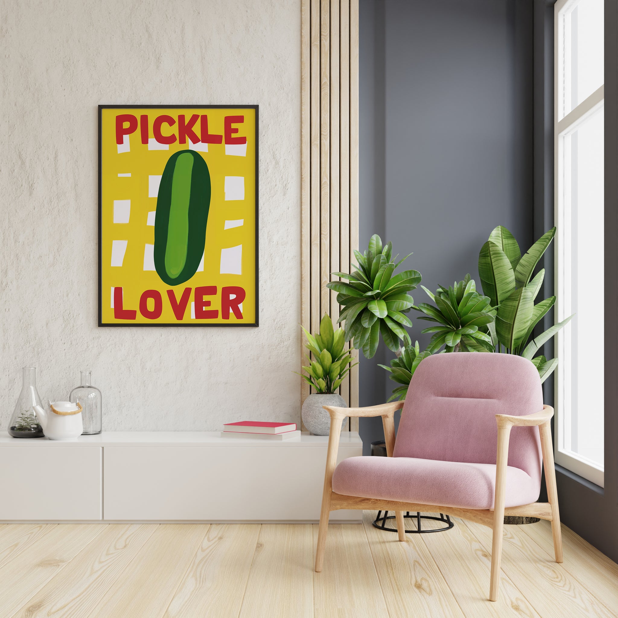 Pickle Lover kitchen print with green pickle and red typography on yellow background