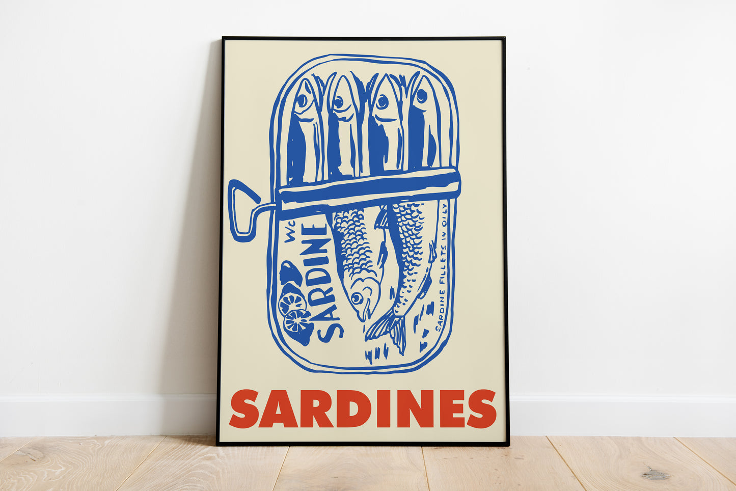Vintage sardines poster featuring a blue line illustration of an open sardine tin with fish and bold red sardines text on a cream background