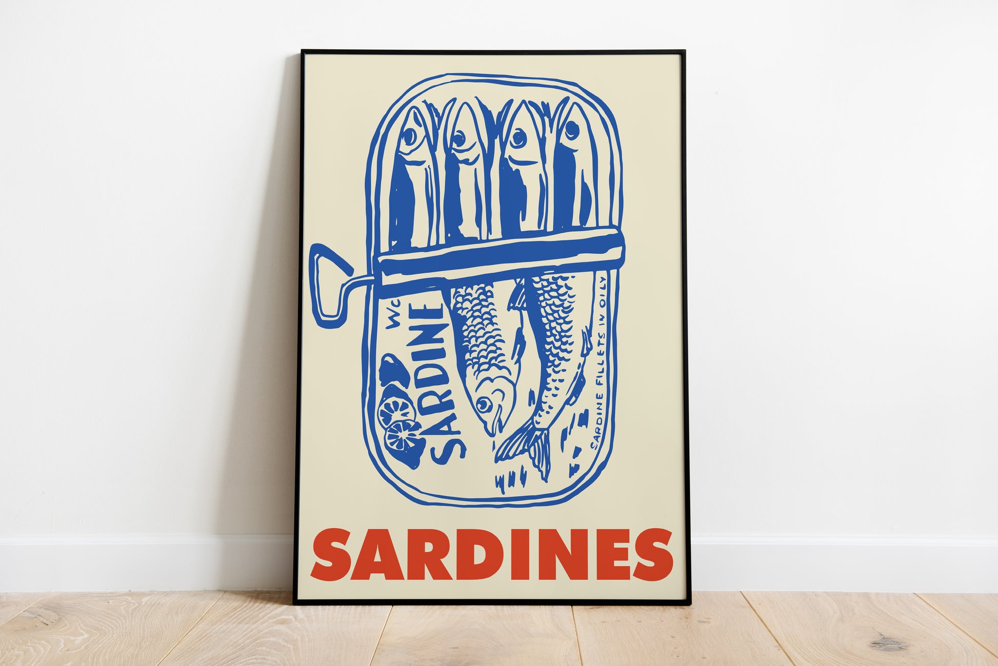 Vintage sardines poster featuring a blue line illustration of an open sardine tin with fish and bold red sardines text on a cream background