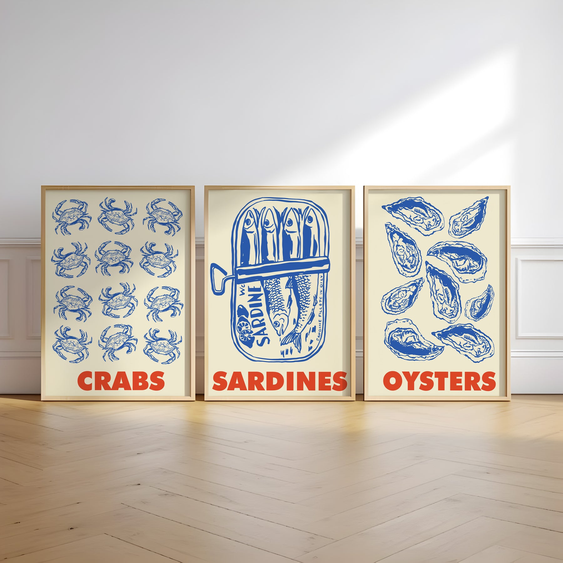 Vintage seafood kitchen poster set with crabs sardines and oysters for kitchen wall art