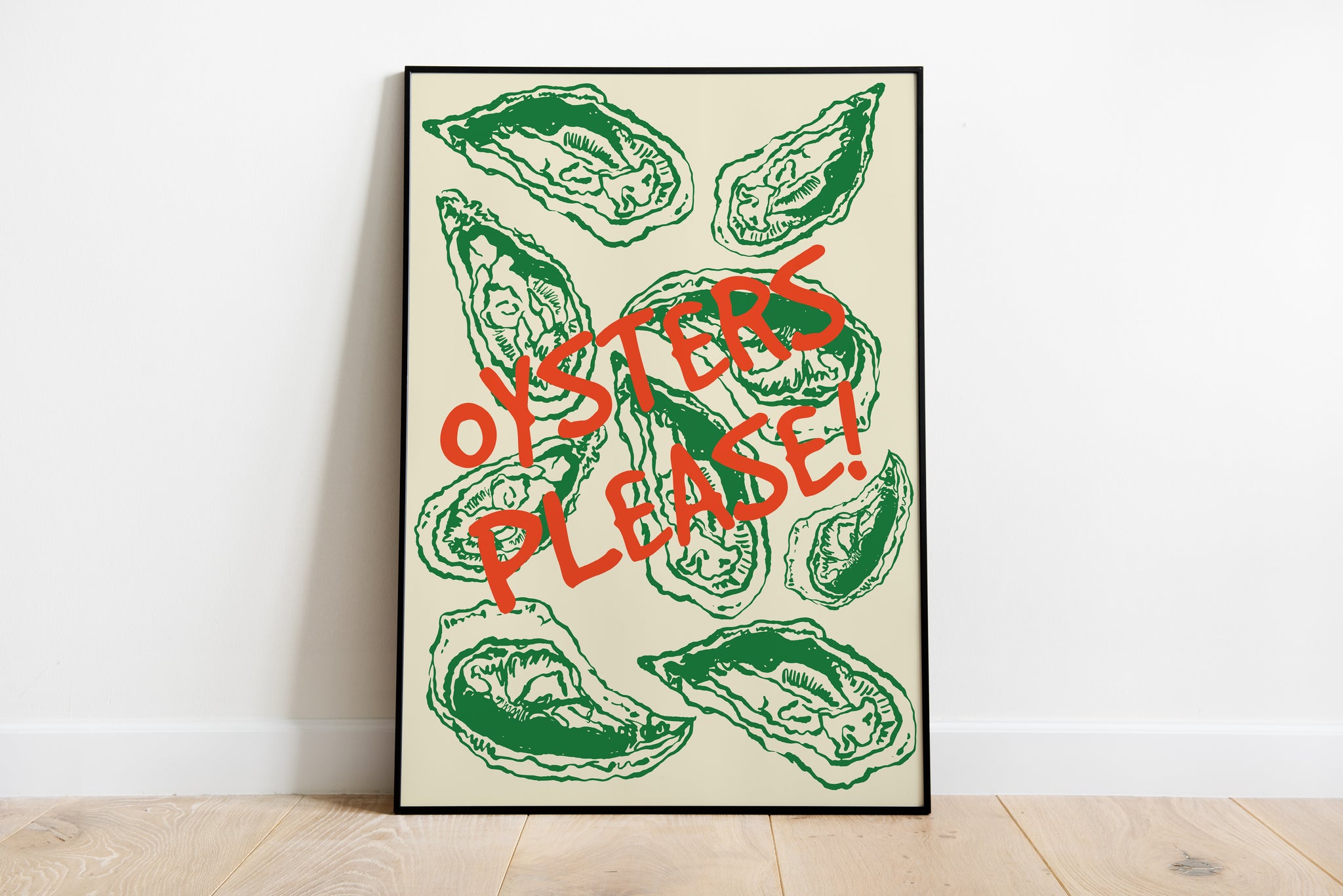 Close-up of a hand-drawn oyster art print with textured sage green illustrations and vibrant red stamped lettering on a warm cream paper texture.