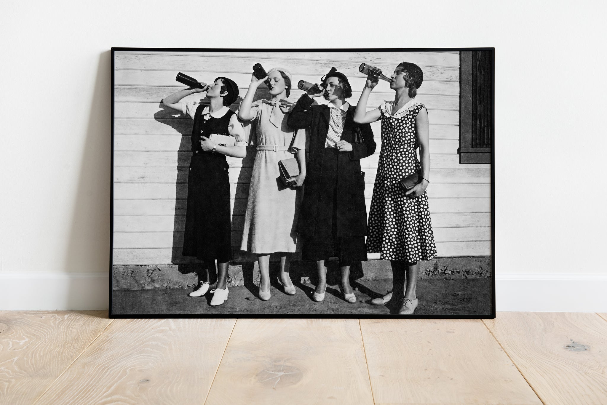 Vintage women drinking poster in black and white photography style