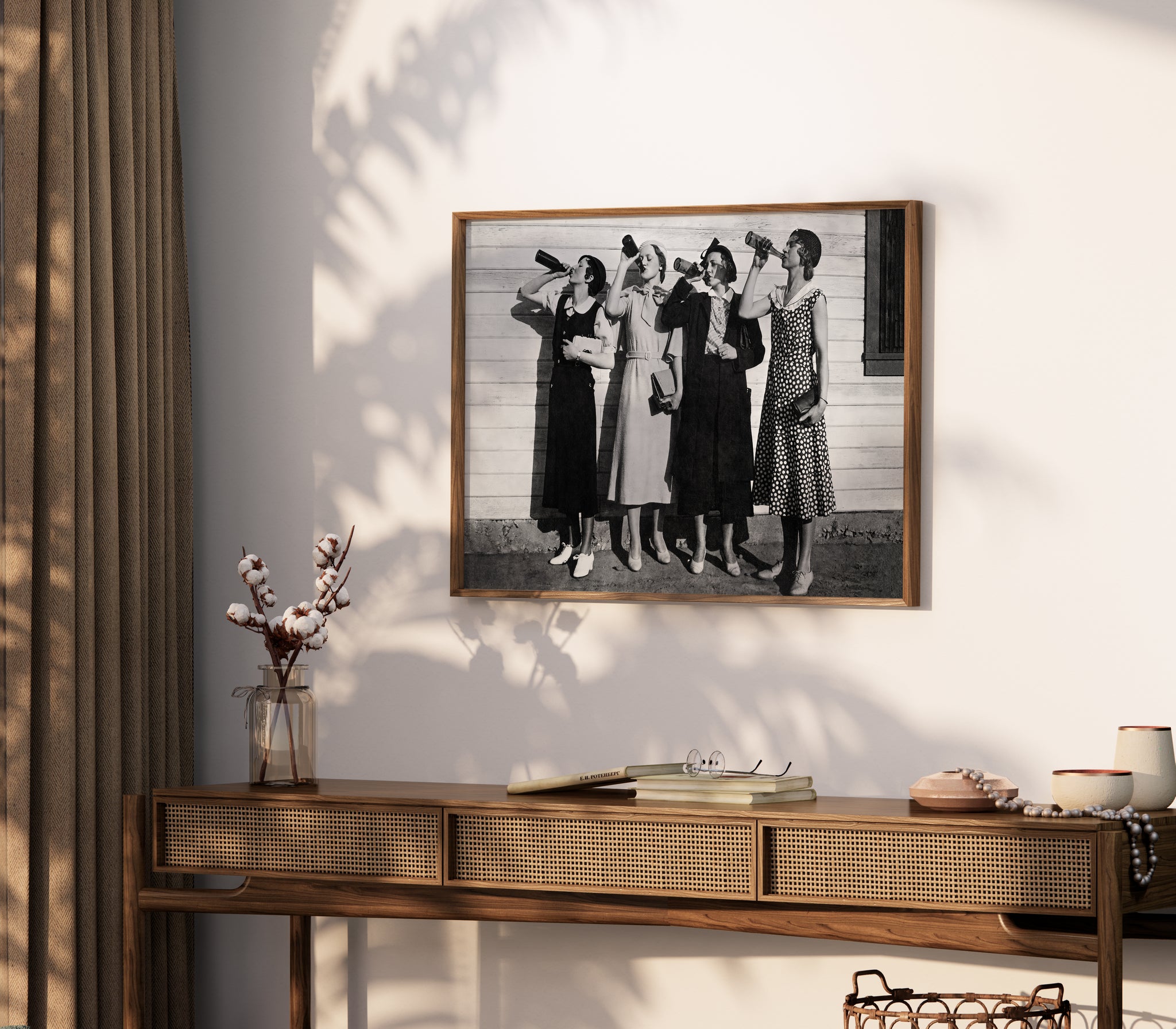 Vintage women drinking poster with candid black and white photo composition