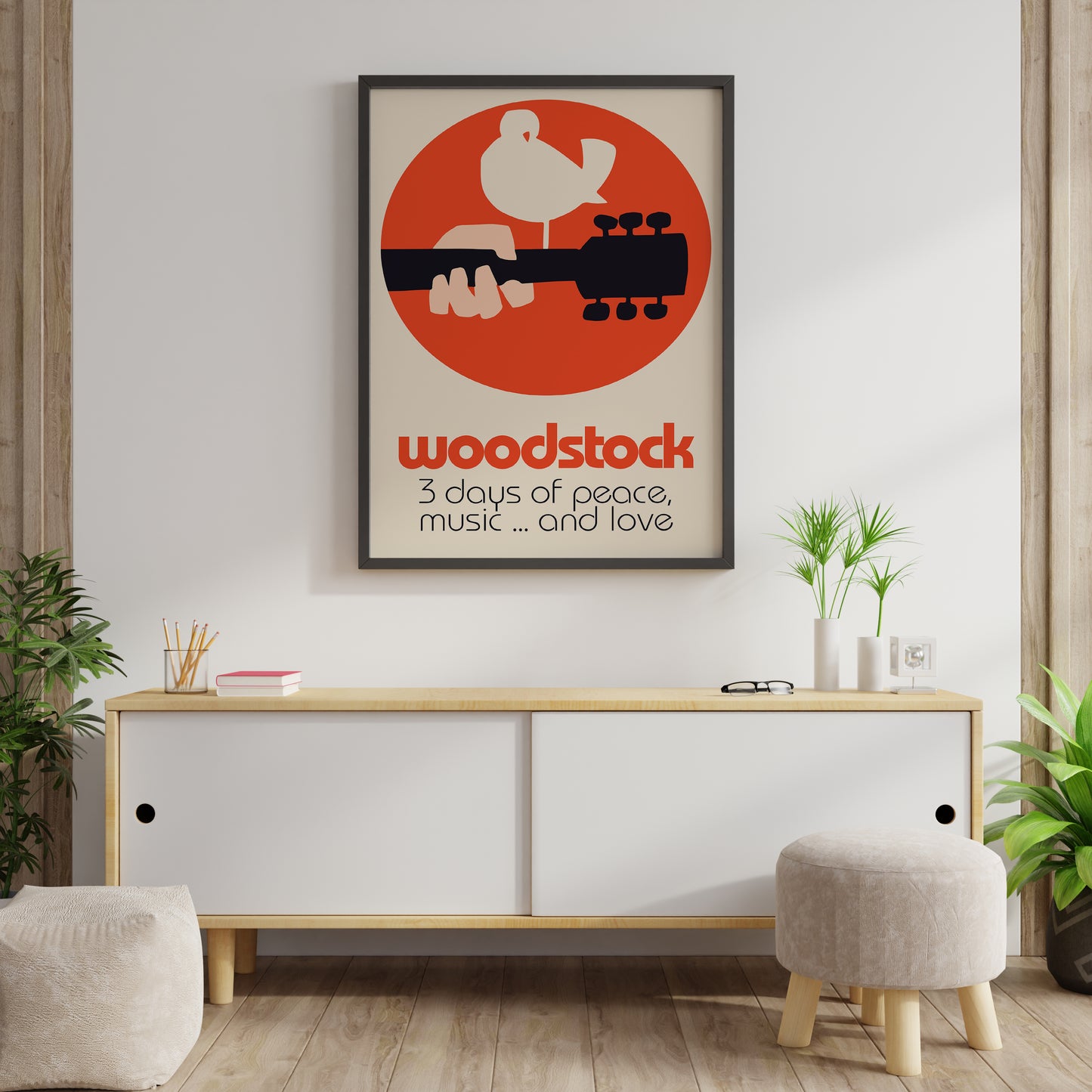 Vintage Woodstock poster featuring orange circle, guitar neck, and festival typography