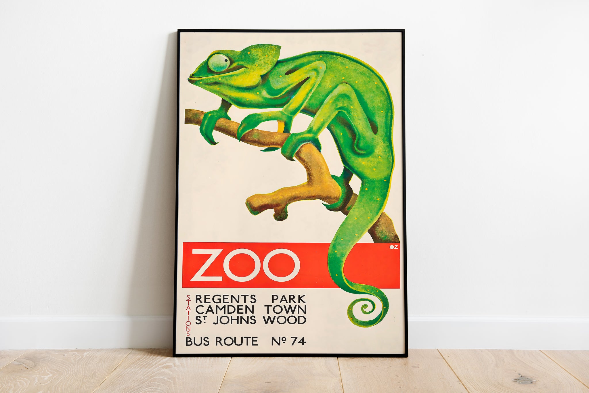 Vintage zoo poster with green chameleon for animal wall art
