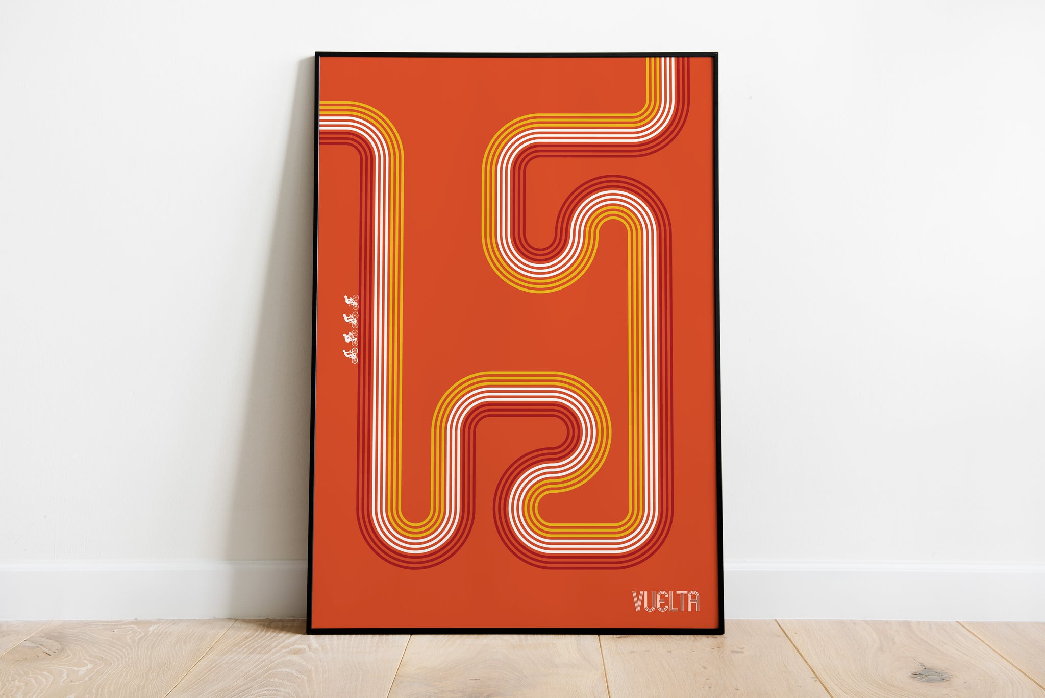 Vuelta poster with orange abstract cycling route line artwork for sports room wall art