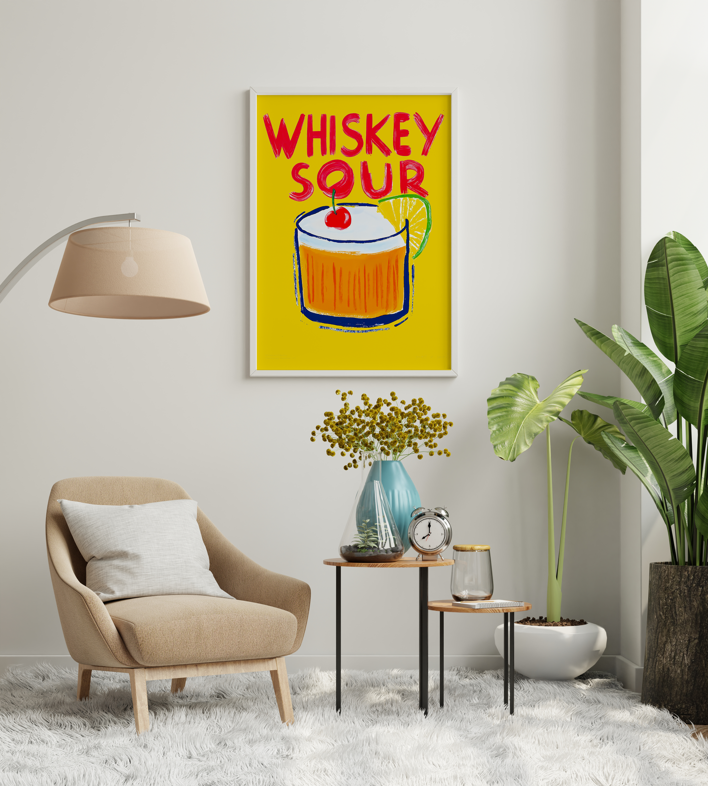 Whiskey sour cocktail print being placed on a clean wall
