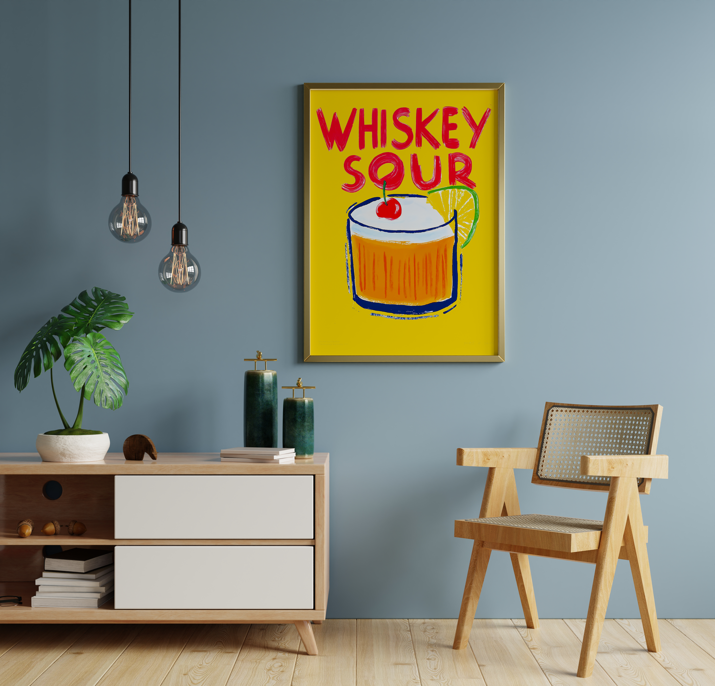 Whiskey sour print for a bright reading corner wall