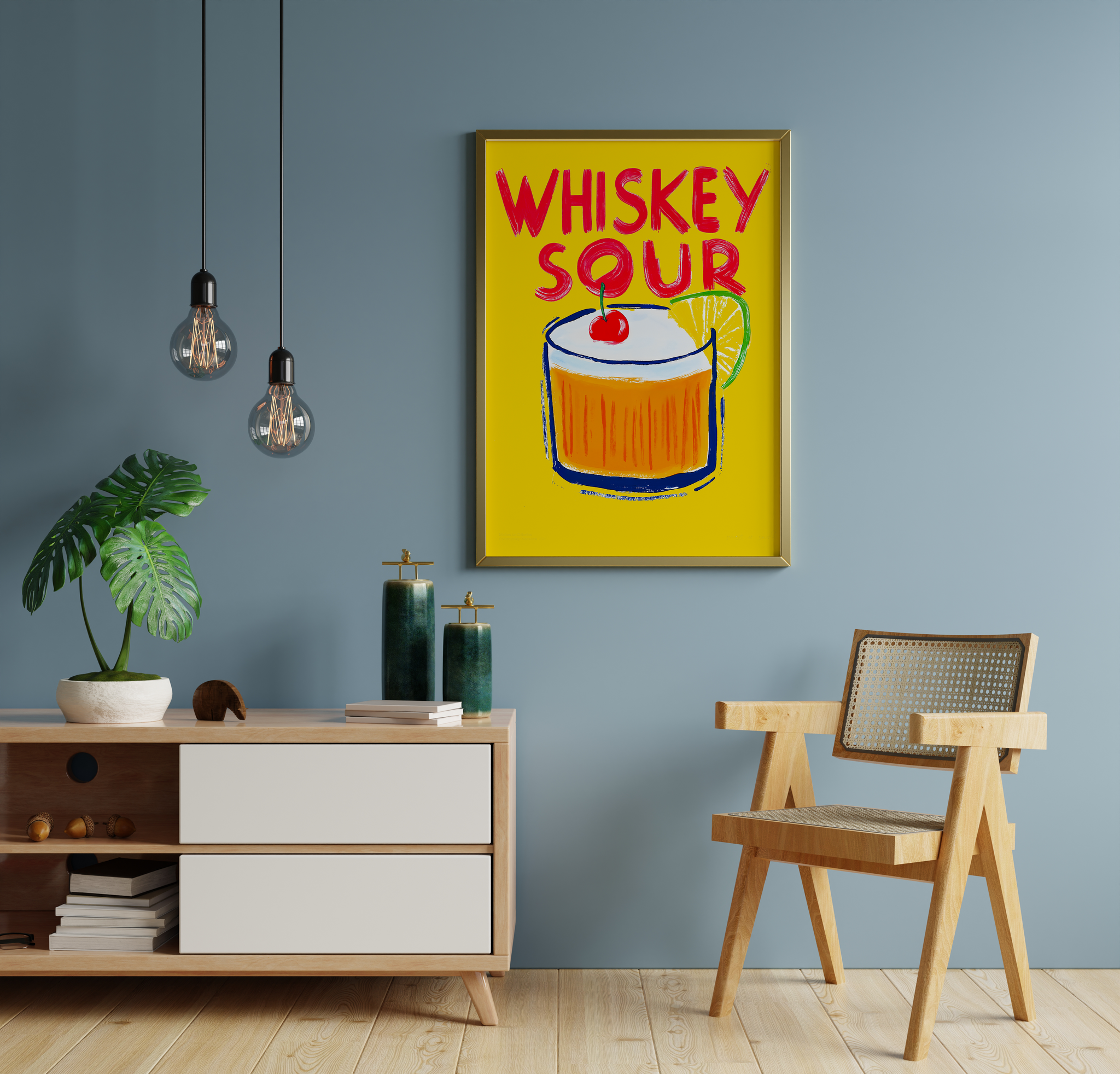 Whiskey sour print for a bright reading corner wall