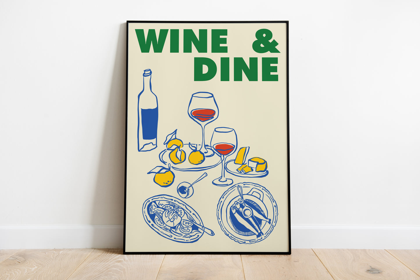 Wine & Dine poster with wine glasses, bottle, lemons and plates for dining room wall art