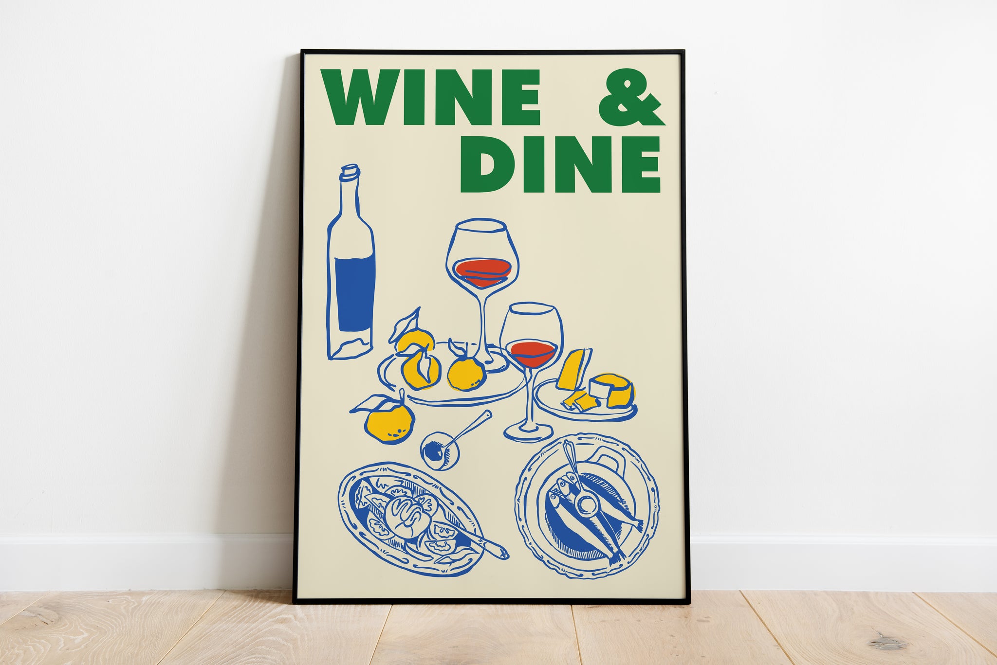 Wine & Dine poster with wine glasses, bottle, lemons and plates for dining room wall art