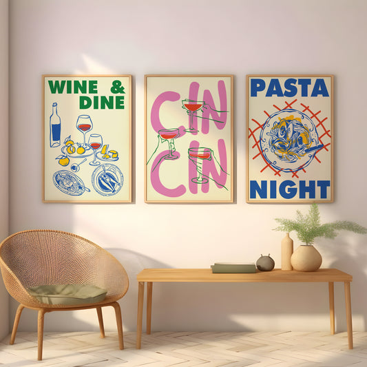 Wine and pasta kitchen poster set displayed as dining room gallery wall art