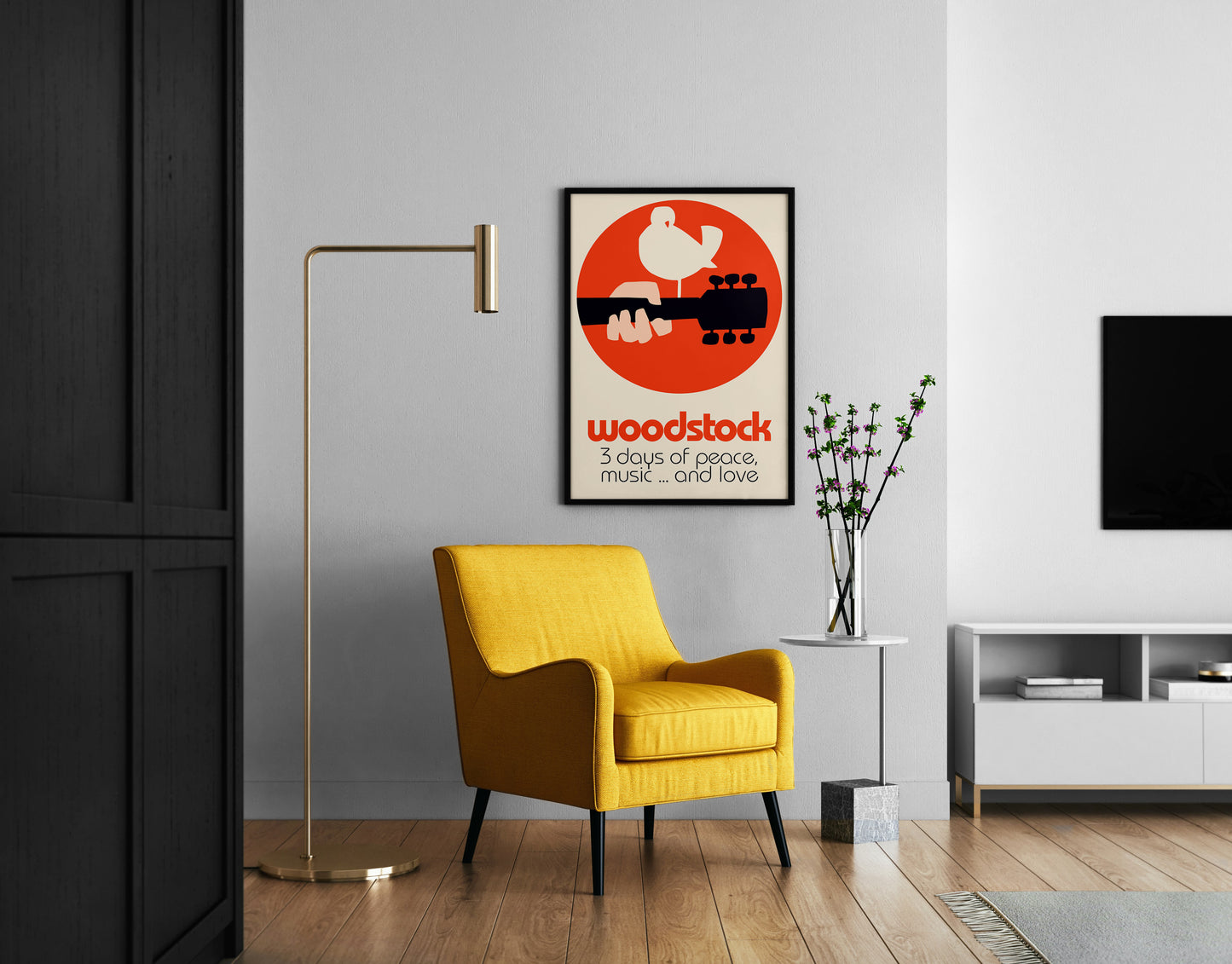 Woodstock festival poster with bird silhouette and 3 days of peace text