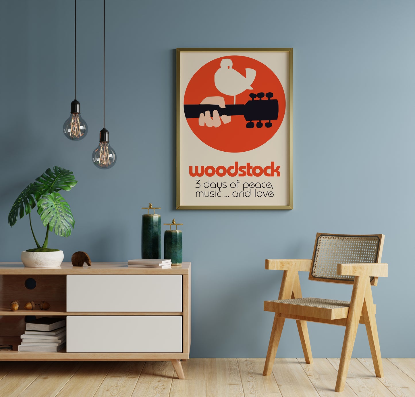 Woodstock music poster with dove above guitar and bold lowercase title