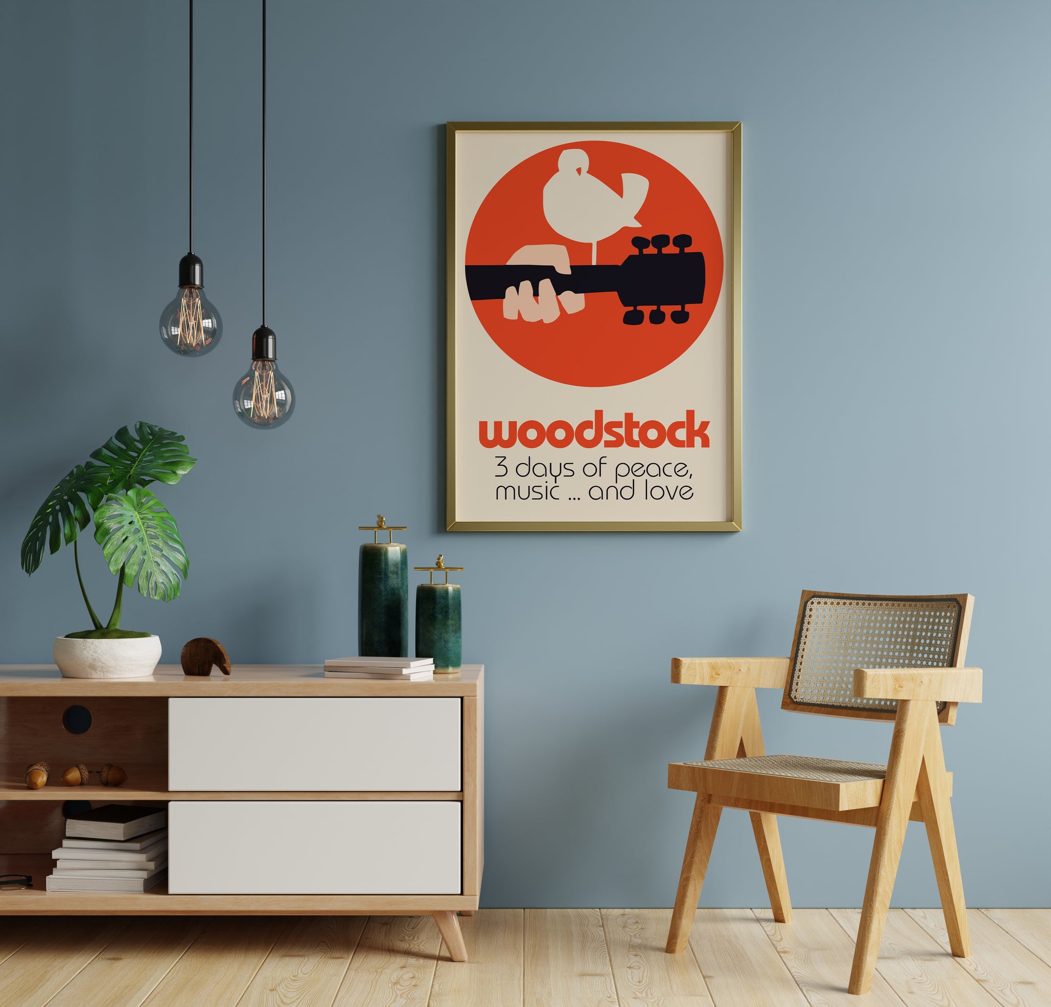 Woodstock music poster with dove above guitar and bold lowercase title