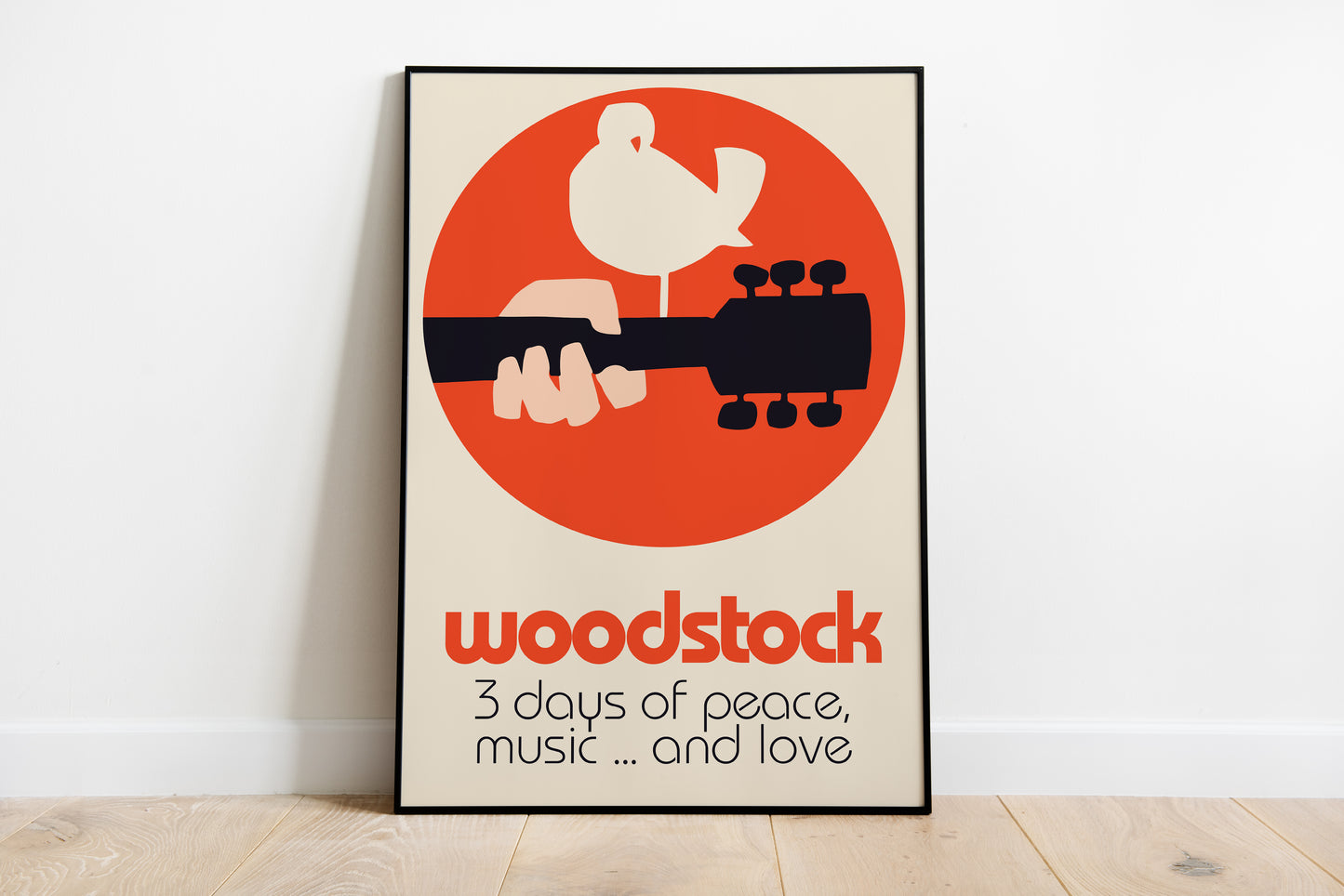 Woodstock poster art print with dove and guitar in bold vintage graphic style
