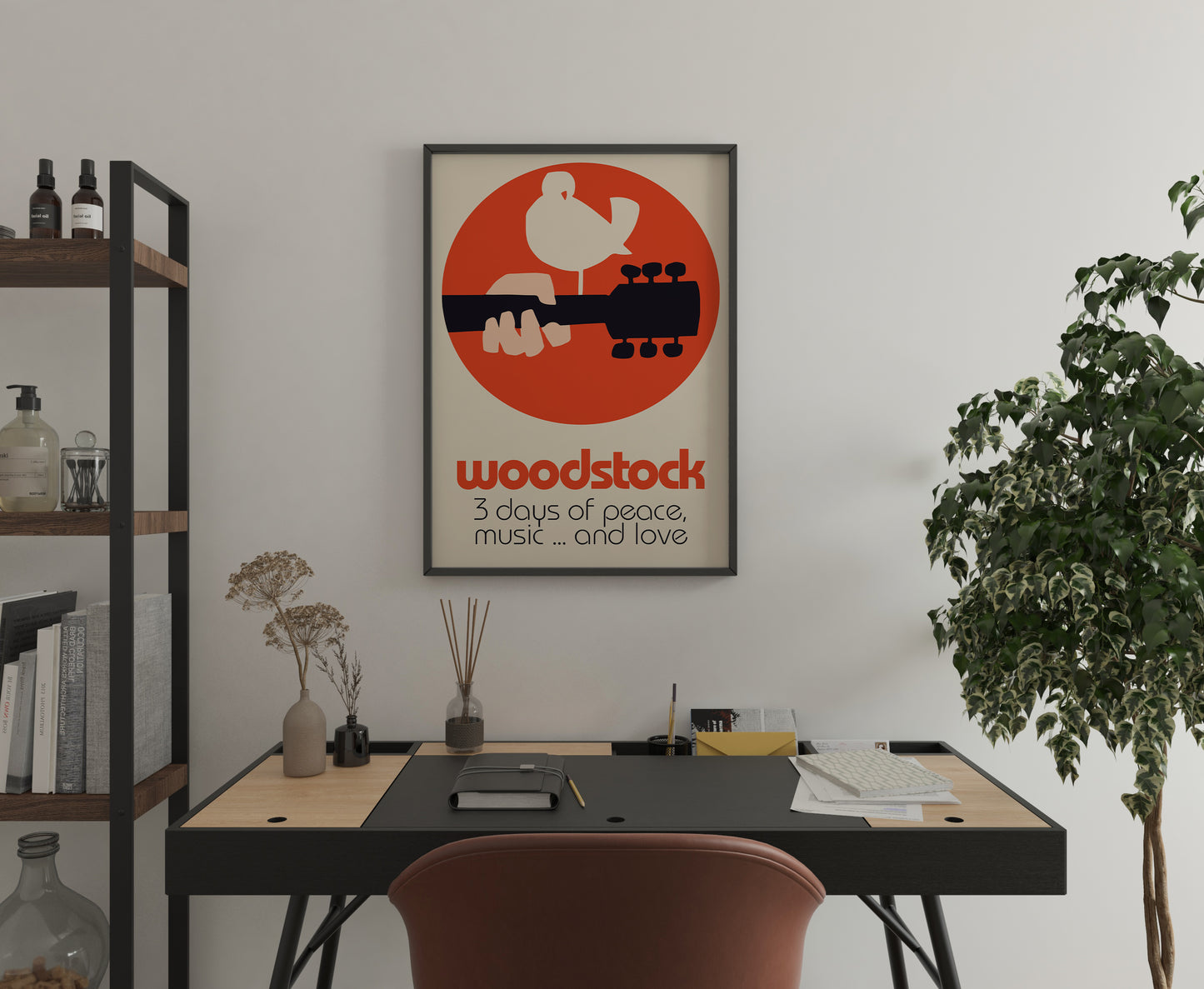 Woodstock typography poster with bold title and peace music love text