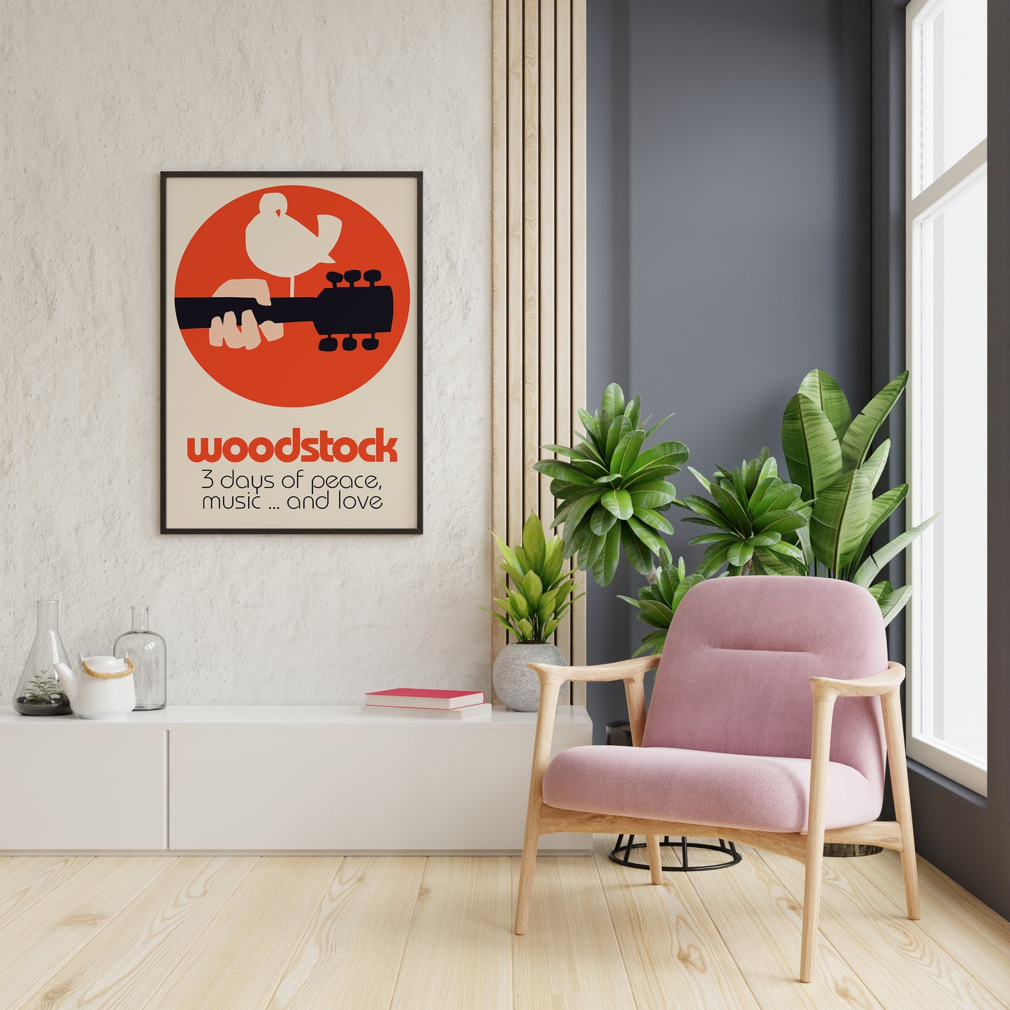 Woodstock wall art print with cream background and iconic festival-style composition