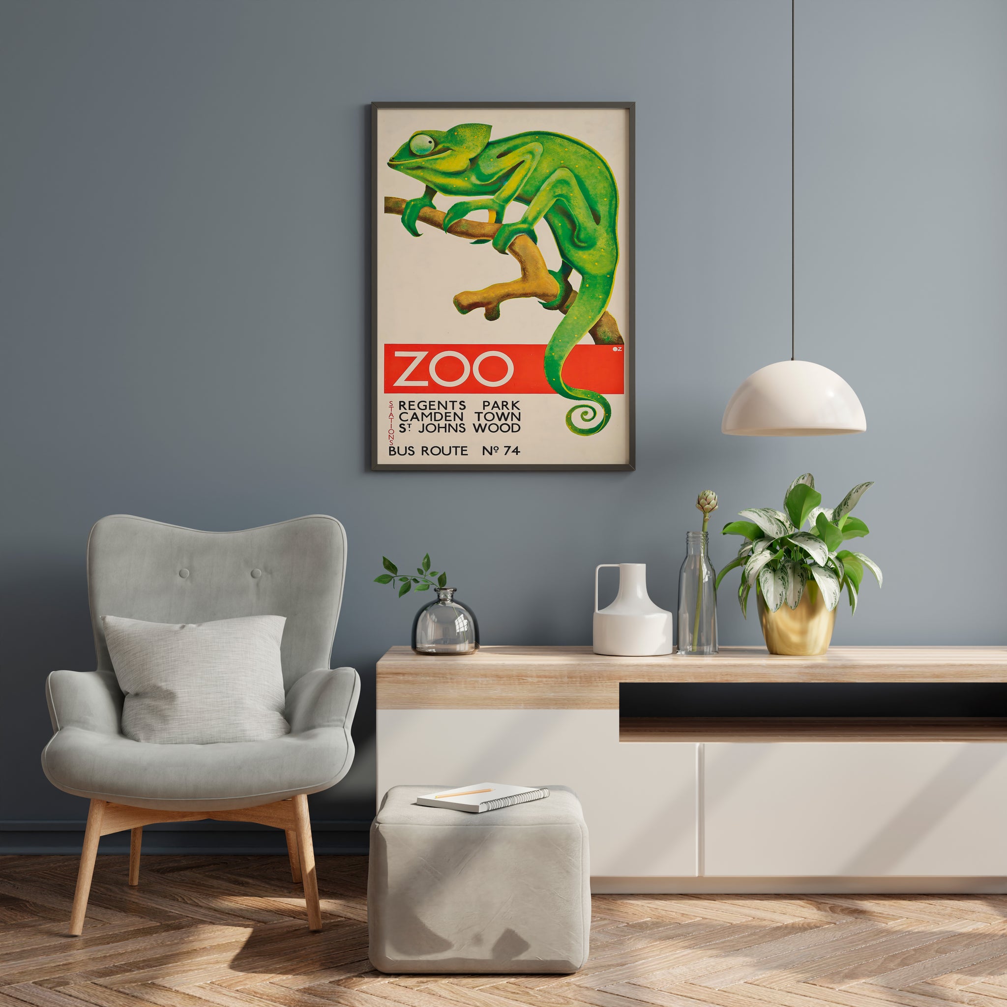 Zoo poster above sideboard for a playful living room focal point